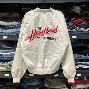 Vintage Chevy The Heartbeat Of America Satin Bomber Jacket Mens XL White 80s 90s